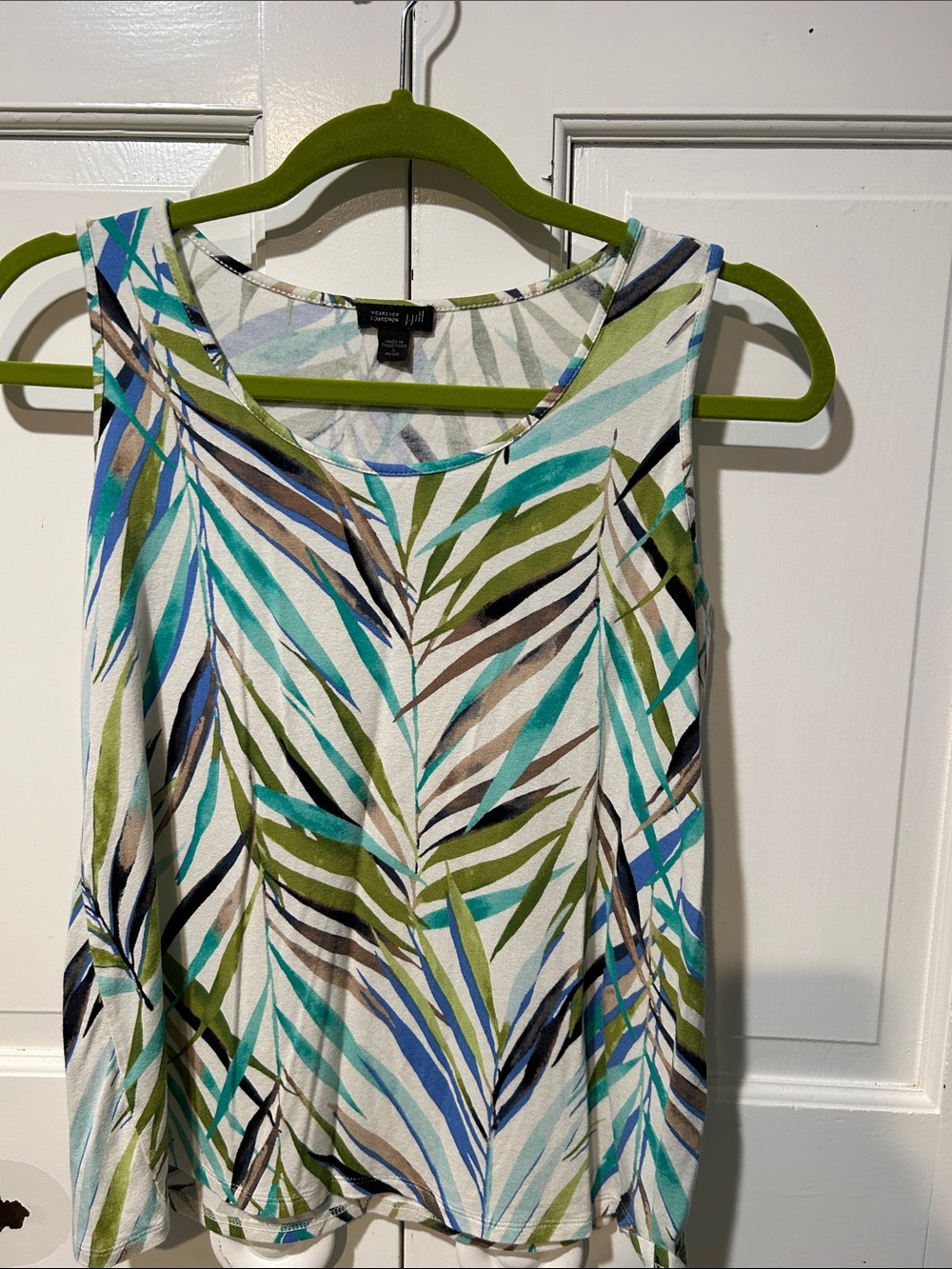 J. Jill Tropical Leaf Print Tank Top in White, Green, Blue beach vacation